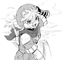 Rule 34 | 1boy, cloud, fingerless gloves, gloves, goggles, grandia, grandia i, greyscale, hand on headwear, hat, highres, justin (grandia), looking at viewer, monochrome, ocean, open mouth, scarf, smile, solo, sword, teeth, upper teeth only, weapon, weapon on back