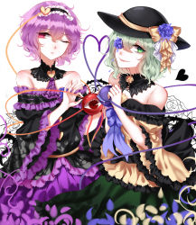 Rule 34 | 2girls, adapted costume, ascot, bad id, bad pixiv id, bare shoulders, black hat, black shirt, blue flower, blue ribbon, blue rose, bow, cowboy shot, detached collar, eyeball, floral print, flower, frilled shirt, frilled sleeves, frills, green eyes, green hair, green skirt, hairband, hat, hat bow, hat flower, heart, heart of string, highres, komeiji koishi, komeiji satori, lolita hairband, long sleeves, looking at viewer, looking away, multiple girls, neck ribbon, off-shoulder shirt, off shoulder, one eye closed, one eye covered, parted lips, petals, purple hair, purple skirt, red eyes, ribbon, rose, sheya, shirt, short hair, siblings, sisters, skirt, smile, third eye, touhou, white background, wide sleeves, yellow bow, yellow shirt