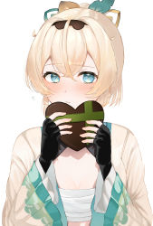 Rule 34 | 1girl, absurdres, black gloves, black hairband, blonde hair, blue eyes, blush, box, breasts, cleavage, closed mouth, commentary, embarrassed, english commentary, fingerless gloves, gloves, hair between eyes, hair ornament, hairband, haori, happy valentine, heart-shaped box, highres, holding, holding box, hololive, japanese clothes, kazama iroha, leaf hair ornament, looking at viewer, medium breasts, ponytail, sarashi, short hair, simple background, solo, sweatdrop, upper body, valentine, virtual youtuber, white background, wide sleeves, yoshioka (today is kyou)