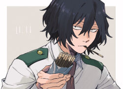 Rule 34 | 1boy, bags under eyes, black eyes, black hair, boku no hero academia, border, brown necktie, collared shirt, dated, eraser head (boku no hero academia), fingernails, food, food in mouth, giving food, grey background, grey shirt, hair between eyes, holding, holding food, holding pocky, looking at viewer, male focus, necktie, pocky, pocky in mouth, rnuyvm, school uniform, shirt, short hair, solo, upper body, white border