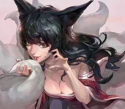 Rule 34 | 1girl, ahri (league of legends), animal ears, bare shoulders, black hair, breasts, cleavage, collarbone, commentary request, detached sleeves, facial mark, fox ears, fox tail, holding tail, korean clothes, large breasts, league of legends, lips, long hair, looking at viewer, modare, multiple tails, solo, tail, teeth, tongue, tongue out, whisker markings, wide sleeves, yellow eyes
