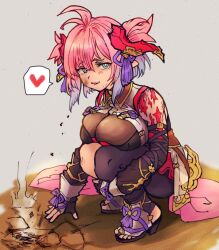 Rule 34 | 1girl, ahoge, blue eyes, breasts, chichiri (granblue fantasy), crater, draph, full body, gradient hair, granblue fantasy, heart, horns, koji aotokage, large breasts, looking at viewer, multicolored hair, pink hair, pointy ears, sandals, short hair, sleeveless, smile, solo, spoken heart, squatting, toes