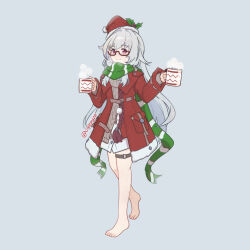 Rule 34 | barefoot, brown sweater, cielrayze, clara (honkai: star rail), cup, dress, garter straps, green scarf, hat, holding, holding cup, holly hat ornament, honkai: star rail, honkai (series), hot chocolate, jacket, long hair, mug, red-framed eyewear, red eyes, red jacket, santa hat, scarf, single garter strap, smile, sweater, white hair