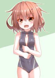Rule 34 | 10s, 1girl, brown eyes, brown hair, competition swimsuit, covered navel, front zipper swimsuit, highres, ikazuchi (kancolle), kantai collection, meme attire, one-piece swimsuit, short hair, sumio617, sumioo (sumikko no ousama), swimsuit