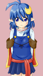 Rule 34 | 1girl, :3, ahoge, arms behind back, blue eyes, blue hair, blush, cape, crescent, crescent hair ornament, elf, female focus, hair ornament, hairpin, highres, kiori nezumi, matching hair/eyes, pink background, pointy ears, rena lanford, simple background, skirt, smile, solo, star ocean, star ocean the second story