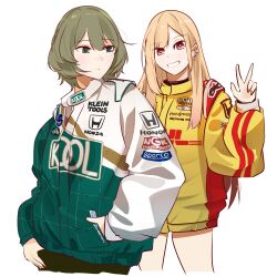 Rule 34 | 2girls, absurdres, blonde hair, commentary, cosplay, crossover, dhl, english commentary, fedex, green hair, green jacket, highres, holeecrab, honda, idolmaster, idolmaster cinderella girls, indycar series, jacket, kitagawa marin, looking at viewer, looking to the side, mole, mole under eye, multicolored clothes, multicolored jacket, multiple girls, parted lips, paul tracy, paul tracy (cosplay), racing suit, red eyes, romain grosjean, romain grosjean (cosplay), short hair, shorts, smile, sono bisque doll wa koi wo suru, takagaki kaede, upper body, v, white background, white jacket, yellow jacket, yellow shorts