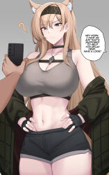 Rule 34 | 1girl, ?, absurdres, animal ear fluff, animal ears, arknights, bare shoulders, black choker, black gloves, black hairband, black jacket, black shorts, blonde hair, blue eyes, breasts, cellphone, choker, cleavage, commentary, cowboy shot, crop top, english text, fingerless gloves, gloves, grey background, groin, hair between eyes, hairband, hands on own hips, highres, holding, holding phone, horn (arknights), hypnosis, jacket, kanta (kanta 077), large breasts, long hair, long sleeves, midriff, mind control, navel, off shoulder, phone, short shorts, shorts, simple background, smartphone, solo focus, speech bubble, standing, stomach, thighs, very long hair, wolf ears