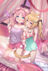 Rule 34 | 2girls, animal ear fluff, animal ears, arms up, barefoot, bed, bedroom, blue dress, blue eyes, blue nightgown, blush, bow, breasts, brown hair, camisole, cardigan, cat ears, cat girl, cat tail, cat teaser, curtains, dress, face-to-face, grabbing, grabbing from behind, hair bow, hair ornament, hairclip, highres, holding hands, indoors, kneeling, long hair, medium breasts, multiple girls, nightgown, off shoulder, one side up, open mouth, original, pillow, pink camisole, pink eyes, pink hair, pink shorts, ribbon, saiki komari, short dress, short hair, short shorts, shorts, smile, socks, striped cardigan, striped clothes, striped footwear, tail, tail wrap, thighs, twintails, window, yuri
