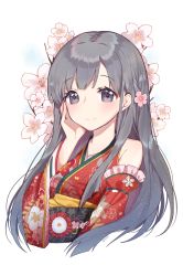 Rule 34 | 10s, 1girl, bare shoulders, black eyes, black hair, blush, detached sleeves, flower, flower request, grey eyes, grey hair, hair flower, hair ornament, hand on own cheek, hand on own face, highres, idolmaster, idolmaster cinderella girls, idolmaster cinderella girls starlight stage, japanese clothes, kimono, kobayakawa sae, long hair, looking at viewer, perri (mnemosine), sleeveless, sleeveless kimono, smile, solo, white background, wide sleeves
