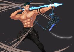 Rule 34 | 1boy, abs, absurdres, aiming, arm pouch, armpits, bara, beard stubble, belt, belt buckle, belt pouch, black pants, bow (weapon), brown belt, buckle, compound bow, facial hair, glowing arrow, green eyes, green hair, hair slicked back, high collar, highres, male focus, muscular, muscular male, nipples, original, pants, pectorals, pouch, shirt, short hair, simple background, solo, standing, standing on one leg, stubble, tanglijianxue, thigh pouch, topless male, undercut, weapon