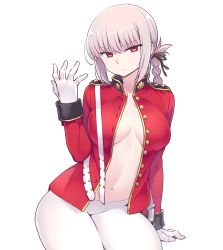 Rule 34 | 1girl, belt, braid, breasts, buttons, chan co, cowboy shot, crotch seam, fate/grand order, fate (series), florence nightingale (fate), gloves, jacket, large breasts, long hair, long sleeves, looking at viewer, military, military uniform, navel, no bra, open clothes, open jacket, pantyhose, red eyes, silver hair, simple background, sitting, solo, unbuttoned, unbuttoned shirt, uniform, white background, white gloves, white pantyhose