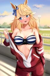 Rule 34 | 1girl, @ @, absurdres, animal ears, bandeau, banpunsik, bare shoulders, blonde hair, blue bow, blue eyes, blush, bow, breasts, cleavage, commentary request, cowboy shot, gold city (umamusume), hair bow, highres, horse ears, large breasts, long hair, long sleeves, looking to the side, midriff, navel, off shoulder, open mouth, outdoors, solo, standing, stomach, strapless, striped bandeau, track suit, tube top, umamusume
