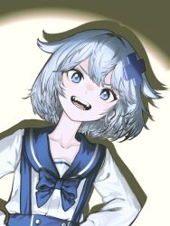 Rule 34 | 1girl, absurdres, blue bow, blue bowtie, blue eyes, blue sailor collar, bow, bowtie, commentary, double-parted bangs, english commentary, gosegu, grey hair, hair between eyes, hair ornament, hairclip, highres, long sleeves, open mouth, pungson mori, sailor collar, sailor shirt, sharp teeth, shirt, short hair, solo, suspenders, teeth, v-shaped eyebrows, virtual youtuber, waktaverse, x hair ornament