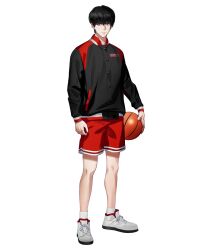 Rule 34 | 1boy, arm at side, ball, basketball, basketball (object), black hair, black jacket, closed mouth, full body, grey background, highres, himmel (allsky83), holding, holding ball, jacket, looking at viewer, male focus, multicolored clothes, multicolored jacket, multicolored shorts, red jacket, red shorts, rukawa kaede, shoes, short hair, shorts, simple background, slam dunk (series), solo, standing