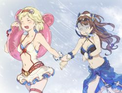 Rule 34 | 0 0, :d, ^ ^, armpits, bare arms, bare shoulders, beatrix (granblue fantasy), bikini, black bikini, blonde hair, blue-framed eyewear, blue bikini, blush, bow, breasts, brown hair, carrying, casual one-piece swimsuit, cleavage, closed eyes, clothing cutout, cold, collarbone, djeeta (granblue fantasy), djeeta (summer) (granblue fantasy), eyewear on head, floating hair, granblue fantasy, hairband, halterneck, holding another&#039;s wrist, innertube, long hair, medium breasts, mismatched bikini, navel, navel cutout, one-piece swimsuit, open mouth, outdoors, red bow, red hairband, sarong, see-through, semi-rimless eyewear, short hair, smile, snot, snowing, snowstorm, stomach, sunao (souis), sunglasses, swim ring, swimsuit, teeth, thigh strap, transparent, turn pale, under-rim eyewear, upper teeth only, v-shaped eyebrows, walking, wavy mouth, white one-piece swimsuit, wind, winter, wrist cuffs