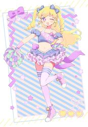 Rule 34 | 1girl, ;d, bare shoulders, blonde hair, blue bow, blush, bow, breasts, cheerleader, clothes writing, commentary request, copyright name, crop top, detached sleeves, frilled skirt, frills, full body, hair bow, holding, holding pom poms, idol time pripara, long hair, looking at viewer, medium breasts, miniskirt, nanafushi sodatsu, navel, one eye closed, open mouth, pink footwear, pink thighhighs, pom pom (cheerleading), pom poms, pretty series, pripara, puffy detached sleeves, puffy sleeves, purple eyes, ringlets, shoes, skirt, smile, sneakers, solo, standing, standing on one leg, thighhighs, two side up, yumekawa yui