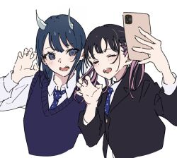 Rule 34 | 2girls, aoki ruri, atenaba, black hair, blue eyes, blue hair, blue necktie, blue sweater vest, claw pose, closed eyes, collared shirt, commentary, highres, horns, kashiro (ruri dragon), long hair, multicolored hair, multiple girls, necktie, open mouth, pink hair, polka dot necktie, ruri dragon, selfie, shirt, simple background, smile, streaked hair, sweater vest, taking picture, twintails, upper body, white background, white shirt