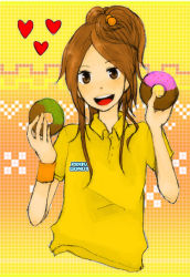 Rule 34 | 1girl, bad id, bad pixiv id, brown eyes, brown hair, doughnut, food, happy, heart, looking at viewer, mimoko, open mouth, original, solo, upper body
