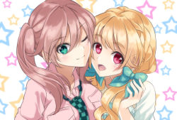 Rule 34 | &gt;;), 2girls, :d, aqua bow, blonde hair, blush, bow, braid, breast pocket, breasts, checkered clothes, checkered necktie, checkered neckwear, cheek-to-cheek, closed mouth, commentary request, green eyes, green necktie, hair between eyes, hair bow, head tilt, heads together, large breasts, long hair, looking at viewer, low twintails, minato miku, multiple girls, necktie, official art, open mouth, pink eyes, pink hair, pink shirt, pocket, shio kouji (shiokojii), shirt, shizuku no oto, small breasts, smile, star (symbol), starry background, tamagawa himeno, thick eyebrows, twintails, upper body, v-shaped eyebrows, white background