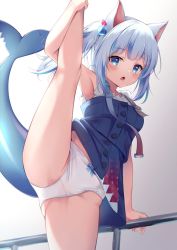 Rule 34 | 1girl, animal ears, blue eyes, blue hair, bow, bow panties, cat ears, fins, fish tail, gawr gura, gawr gura (casual), hair ornament, hololive, hololive english, leg lift, leg up, looking at viewer, miso (misomiso 154), multicolored hair, open mouth, panties, shark tail, sharp teeth, solo, split, standing, standing on one leg, standing split, streaked hair, tail, teeth, underwear, virtual youtuber, white hair