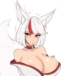 Rule 34 | 1girl, animal ear fluff, animal ears, areola slip, bare shoulders, blush, breasts, center opening, cleavage, closed mouth, collar, fluffy, fox ears, fox girl, fox tail, halo, kitsune, krass, large breasts, looking at viewer, multicolored hair, original, red eyes, red halo, revealing clothes, short hair, simple background, solo, tail, white background, white hair
