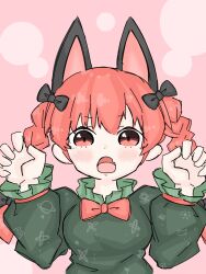 Rule 34 | 1girl, animal ears, blush, bow, bowtie, braid, breasts, cat ears, claw pose, d:, dress, extra ears, fang, frills, fumomono, gao, green dress, hair bow, hair ribbon, hands up, heart, highres, kaenbyou rin, large breasts, long hair, long sleeves, looking at viewer, open mouth, pink background, red bow, red bowtie, red eyes, red hair, ribbon, skin fang, solo, space print, starry sky print, touhou, tress ribbon, twin braids, upper body, v-shaped eyebrows