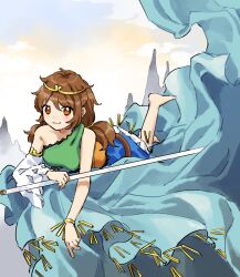 Rule 34 | 1girl, barefoot, blue dress, blush, brown eyes, brown hair, circlet, closed mouth, detached sleeves, dress, green dress, highres, holding, kaigen 1025, long hair, low twintails, multicolored clothes, multicolored dress, orange dress, single detached sleeve, smile, solo, son biten, test tube, touhou, twintails, unfinished dream of all living ghost, white sleeves