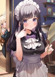 Rule 34 | 2girls, :t, apron, black hair, black shirt, blonde hair, blush, bow, bowtie, breasts, commentary request, finger to cheek, hand mirror, highres, holding, holding mirror, indoors, kanda done, large breasts, long hair, looking at another, looking at viewer, maid, maid headdress, mirror, multiple girls, original, peeking out, puffy short sleeves, puffy sleeves, purple bow, purple eyes, purple neckwear, shirt, short sleeves, waist apron, white apron, wooden floor
