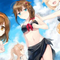 Rule 34 | 10s, 4girls, adapted costume, alternate costume, bad id, bad pixiv id, bikini, blonde hair, braid, brown hair, hair flaps, hair ribbon, hairband, kantai collection, long hair, multiple girls, murasame (kancolle), official alternate costume, open mouth, orange hairband, remodel (kantai collection), ribbon, sha (isago), shigure (kancolle), shiratsuyu (kancolle), short hair, smile, swimsuit, twintails, yuudachi (kancolle)