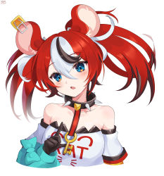 Rule 34 | 1girl, :o, absurdres, animal ears, bare shoulders, black collar, black hair, blue eyes, collar, collarbone, cropped torso, detached sleeves, hakos baelz, highres, hololive, hololive english, mouse ears, mouse girl, multicolored hair, open mouth, pointing, pointing up, portrait, red hair, smile, solo, spiked collar, spikes, strapless, streaked hair, tube top, twintails, virtual youtuber, white hair, white tube top, xivi9