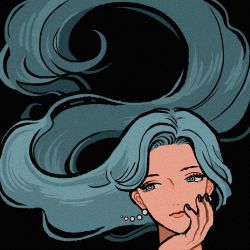 Rule 34 | 1girl, aqua eyes, aqua hair, black background, brown nails, earrings, expressionless, flat color, floating hair, hand up, jewelry, limited palette, long hair, minillustration, original, solo