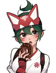 Rule 34 | 1girl, bow, brown eyes, commentary, dough, eating, english commentary, facial mark, fingerless gloves, food, fox mask, gloves, green hair, hair between eyes, hair bow, half mask, hand up, holding, holding food, japanese clothes, kimono, kiriko (overwatch), kita-kun, looking at viewer, mask, open mouth, overwatch, overwatch 2, red gloves, short hair, simple background, solo, topknot, upper body, white background, white bow, white kimono