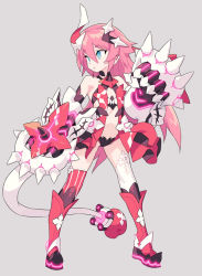 Rule 34 | 1girl, asymmetrical legwear, bare shoulders, blade (galaxist), blue eyes, boxing gloves, clenched hands, closed mouth, gauntlets, gloves, glowing, grey background, hair between eyes, horns, mismatched legwear, navel, original, pink hair, pointy ears, red gloves, red legwear, rozaliya olenyeva, short eyebrows, simple background, single horn, smile, solo, spikes, standing, striped clothes, striped legwear, striped thighhighs, tail, thighhighs, vertical-striped clothes, vertical-striped thighhighs, white legwear