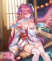 Rule 34 | 1girl, absurdres, aimu (angry9565), alternate hairstyle, animal ears, architecture, artist name, ball, blush, bow, breasts, cherry blossoms, cleavage, closed mouth, collarbone, east asian architecture, floral print, flower, flute, fox, fox ears, fox mask, genshin impact, hair between eyes, hair bow, hair flower, hair ornament, highres, instrument, japanese clothes, kimono, lantern, large breasts, long hair, looking at viewer, mask, mask on head, music, obi, off shoulder, outdoors, paper lantern, pink hair, playing instrument, pond, ponytail, purple eyes, sash, sitting, smile, solo, temari ball, thighhighs, thighs, vision (genshin impact), white kimono, white thighhighs, wide sleeves, yae miko, yae miko (fox)