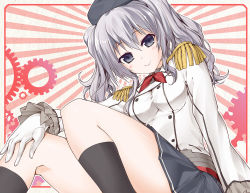 Rule 34 | 10s, 1girl, :&gt;, beret, curly hair, epaulettes, from below, gloves, hat, kantai collection, kashima (kancolle), long hair, looking at viewer, looking down, pleated skirt, grey eyes, silver hair, skirt, smile, solo, twintails, white gloves, yuugo (atmosphere)