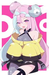 Rule 34 | 1girl, :d, absurdres, bare shoulders, blue hair, blush, bow-shaped hair, breasts, collarbone, commentary request, creatures (company), fuuna, game freak, grey leotard, grey pantyhose, highres, iono (pokemon), jacket, leotard, long sleeves, looking at viewer, medium breasts, multicolored hair, nintendo, open mouth, pantyhose, pink hair, pokemon, pokemon sv, purple background, purple eyes, sharp teeth, single leg pantyhose, sitting, sleeves past fingers, sleeves past wrists, smile, solo, teeth, two-tone background, two-tone hair, white background, yellow jacket