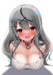 Rule 34 | 1girl, :d, absurdres, bare shoulders, black collar, black hair, blush, breasts, camisole, cleavage, collar, collarbone, commentary request, frilled camisole, frills, grey hair, hair between eyes, hair ornament, hairclip, highres, hololive, long hair, looking at viewer, medium breasts, multicolored hair, open mouth, red eyes, sakamata chloe, shadow, shibakame, smile, solo, streaked hair, sweat, virtual youtuber, white background, white camisole, x hair ornament
