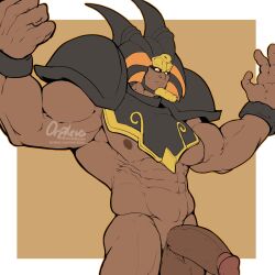 Rule 34 | 1boy, abs, armor, bara, breastplate, brown theme, cowboy shot, dark-skinned male, dark skin, duel monster, egyptian clothes, exodius the ultimate forbidden lord, girthy penis, highres, large hands, large pectorals, male focus, muscular, muscular male, navel, nipples, orpheus (erickbsan), outstretched arms, pauldrons, pectorals, penis, shaded face, shoulder armor, solo, spread arms, standing, stomach, thick thighs, thighs, uncensored, yu-gi-oh!