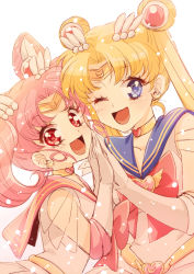 Rule 34 | 1990s (style), 2girls, :d, bishoujo senshi sailor moon, bishoujo senshi sailor moon supers, blonde hair, blue eyes, blue sailor collar, blush, bow, brooch, chibi usa, child, choker, cone hair bun, double bun, earrings, elbow gloves, face, gloves, hair bun, hair ornament, hairclip, happy, heart, heart brooch, heart choker, heart necklace, holding hands, jewelry, magical girl, mother and daughter, multiple girls, namisaki yuka, neck, necklace, one eye closed, open mouth, parted bangs, pink hair, red bow, red eyes, retro artstyle, sailor chibi moon, sailor collar, sailor moon, sailor senshi, see-through, see-through sleeves, short sleeves, smile, super sailor chibi moon, super sailor moon, tiara, tsukino usagi, twintails, white background, white gloves, wink, yellow choker