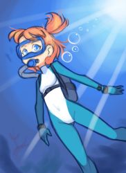 Rule 34 | 1girl, blue bodysuit, blue eyes, bodysuit, breasts, brown hair, bubble, coral, diving mask, diving suit, drantyno, goggles, highres, light rays, long hair, oxygen tank, ponytail, side ponytail, small breasts, sunbeam, sunlight, swimming, underwater, water, wetsuit