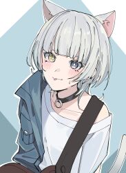 1girl animal_ears bang_dream! bang_dream!_it&#039;s_mygo!!!!! black_choker blue_eyes blush cat_ears cat_girl cat_tail choker closed_mouth collarbone commentary_request ear_piercing heterochromia highres kaname_raana nanami_(nunnun_0410) outline piercing shirt short_hair single_off_shoulder solo sweatdrop tail tongue tongue_out white_hair white_outline white_shirt wolf_cut yellow_eyes