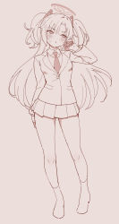 Rule 34 | 1girl, blazer, blue archive, blush, brown background, collared shirt, full body, gloves, half gloves, halo, hand up, head tilt, highres, jacket, jigatei (omijin), long hair, long sleeves, looking away, looking to the side, monochrome, necktie, no shoes, parted bangs, parted lips, pleated skirt, shirt, simple background, skirt, socks, solo, standing, sweat, two side up, very long hair, yuuka (blue archive)