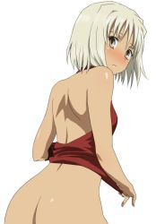 Rule 34 | 1girl, 428, ass, back, bare shoulders, blush, bottomless, brown eyes, canaan (character), canaan (series), chunsoft, komatsu (sakanae), looking back, no panties, short hair, simple background, solo, undressing, white background