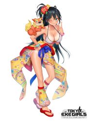 Rule 34 | 1girl, bikini, bikini top only, black hair, blush, breasts, cleavage, collarbone, commentary request, flower, full body, green eyes, hair flower, hair ornament, hand on own hip, hibiscus, highres, large breasts, logo, looking at viewer, official art, parted lips, re:shimashima, simple background, smile, solo, standing, swimsuit, tan, tanline, tokyo exe girls
