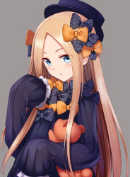 Rule 34 | 1girl, :o, abigail williams (fate), black dress, black hat, blonde hair, blue eyes, blush, bow, commentary, dress, eyes visible through hair, fate/grand order, fate (series), grey background, hair bow, hand up, hat, highres, holding, holding stuffed toy, hugging object, long hair, long sleeves, looking at viewer, mahcdai, orange bow, parted bangs, polka dot, polka dot bow, sidelocks, simple background, sleeves past fingers, sleeves past wrists, solo, straight hair, stuffed animal, stuffed toy, teddy bear, upper body, very long hair