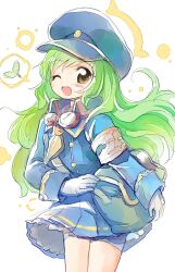 Rule 34 | 1girl, armband, blue bag, blue hat, blue jacket, blue skirt, blush, brown eyes, buttons, cabbie hat, collared jacket, commentary request, cowboy shot, emurin, flat chest, fleur-de-lis, gabriel (monster strike), gloves, green eyes, hat, jacket, long hair, long sleeves, looking at viewer, monster strike, necktie, one eye closed, open mouth, skirt, smile, solo, very long hair, wavy hair, white background, white gloves, yellow necktie