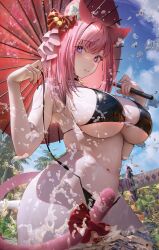 Rule 34 | 1girl, animal ears, bare shoulders, bikini, black bikini, blush, bow, breasts, day, hair bow, highres, holding, holding umbrella, indie virtual youtuber, large breasts, long hair, looking at viewer, medium bangs, nanaken nana, outdoors, pink hair, pink tail, purple eyes, revision, slit pupils, smile, solo, strap pull, swimsuit, sword, tail, tail bow, tail ornament, tenshouin himeno, umbrella, virtual youtuber, wading, water drop, weapon, wet
