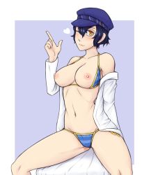 Rule 34 | 1girl, ;), bikini, bikini pull, blue hair, blush, breasts, breasts out, cabbie hat, clothes pull, coat, hair between eyes, hat, heart, highres, index finger raised, ittla, lab coat, looking at viewer, medium breasts, navel, nipples, off shoulder, one eye closed, open clothes, open coat, open shirt, panties, persona, persona 4, shadow naoto, shirogane naoto, shirt, short hair, sitting, smile, solo, spread legs, swimsuit, underwear, wink, yellow eyes