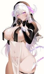Rule 34 | 1girl, absurdres, areola slip, black gloves, breast curtains, breasts, closed mouth, covered navel, cowboy shot, gloves, habit, hands up, highres, horns, huge breasts, juliet sleeves, long hair, long sleeves, looking at viewer, no panties, nun, original, own hands together, oxygen mask (oxygenmask233), pink eyes, pointy ears, pubic tattoo, puffy sleeves, revealing clothes, simple background, smile, solo, standing, tail, tattoo, thigh strap, thighs, very long hair, white background, white hair