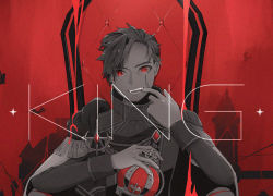 Rule 34 | 1boy, asymmetrical hair, brooch, commentary, crown, epaulettes, eyes visible through hair, finger in own mouth, highres, jacket, jewelry, king schmidt, looking at viewer, male focus, open mouth, ragnarok online, red theme, short hair, solo, taozi momo, tassel, teeth, throne, upper body
